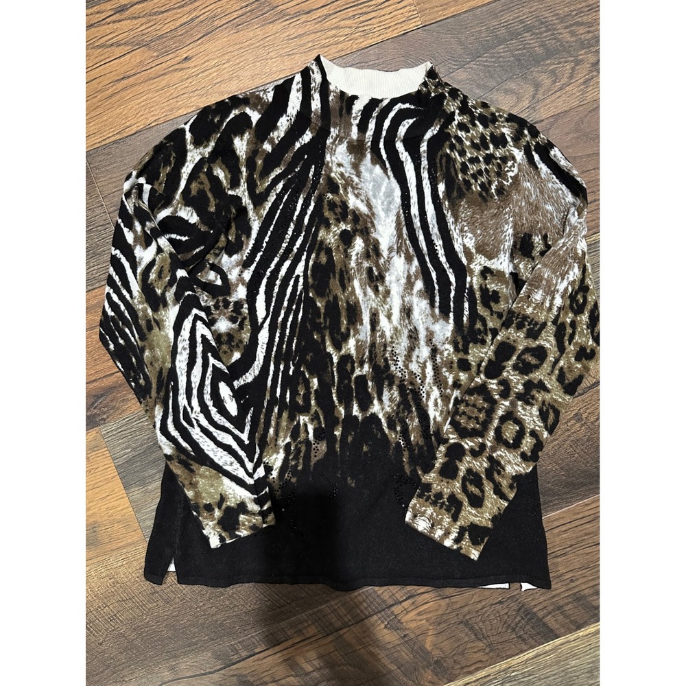 Sharon Young Animal Print Mock Neck Sweater Rhinestone Leopard Zebra M - Picture 5 of 11